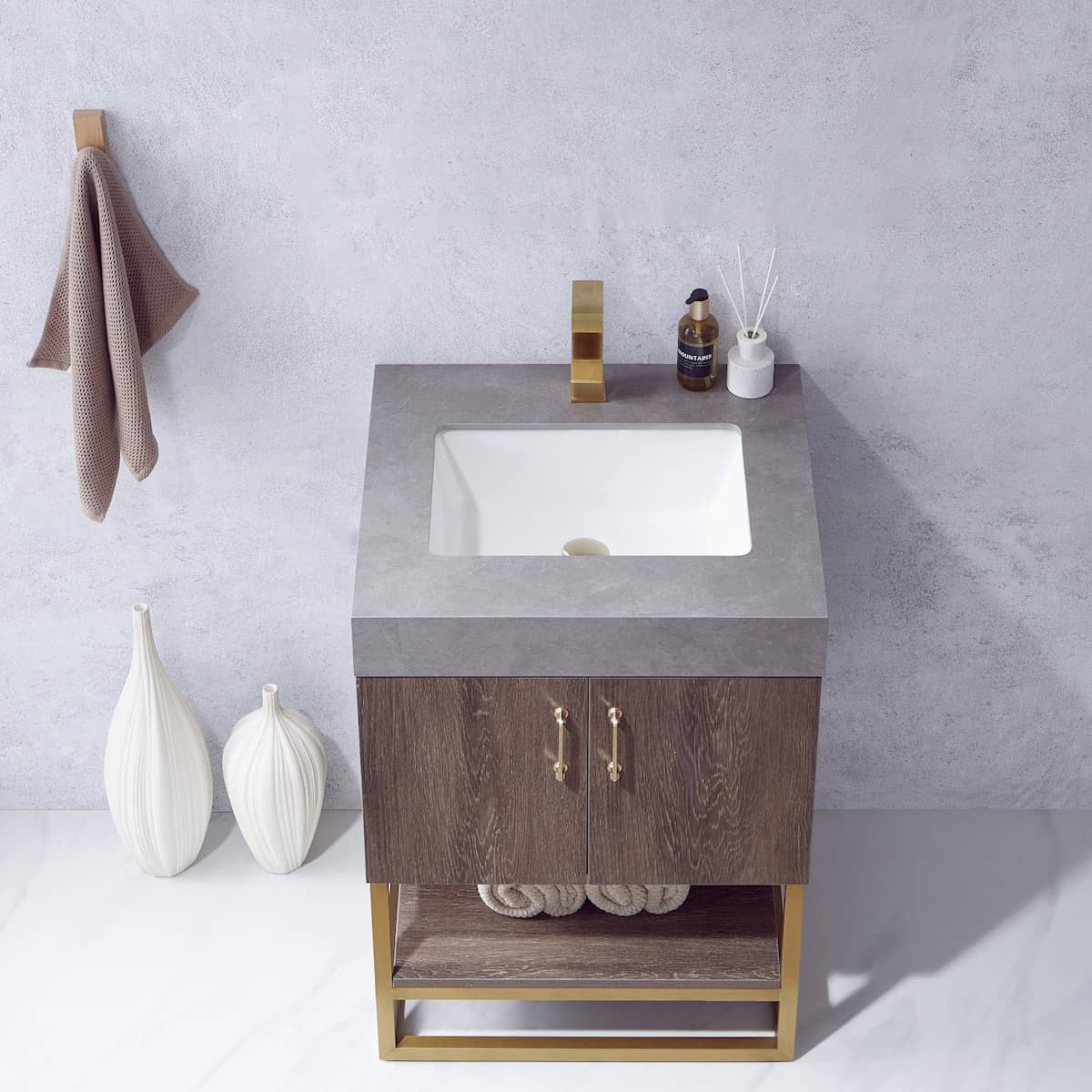 Vinnova Alistair 24 Inch Freestanding Single Vanity in North Carolina Oak and Brushed Gold Frame with  Grey Sintered Stone Top without Mirror Sink 789024-NC-WK-NM