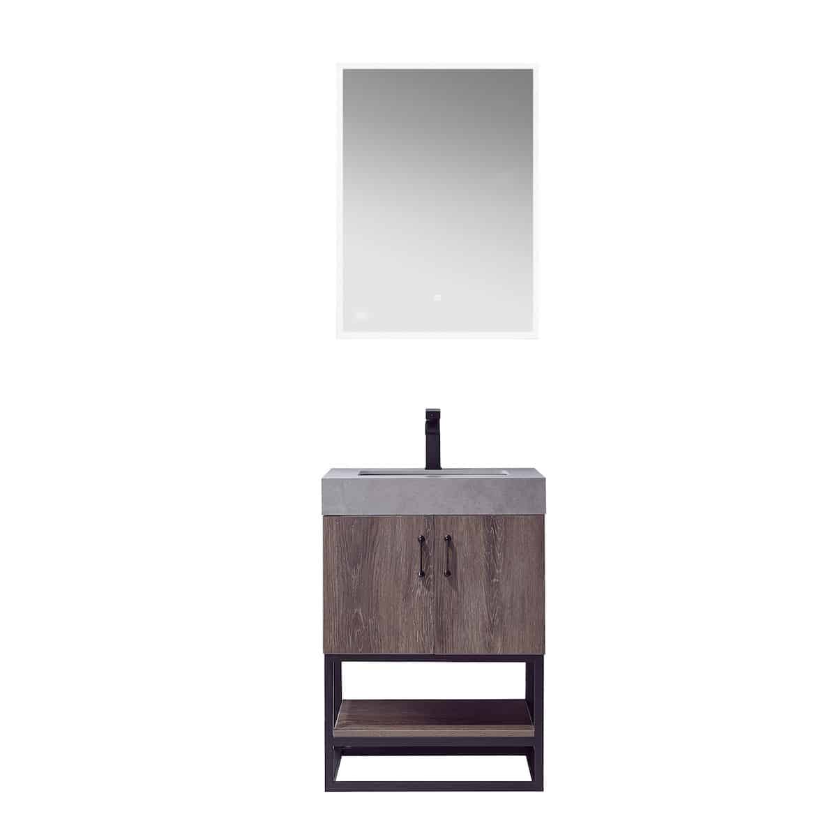 Vinnova Alistair 24 Inch Freestanding Single Vanity in North Carolina Oak and Matte Black Frame with  Grey Sintered Stone Top with Mirror 789024B-NC-WK