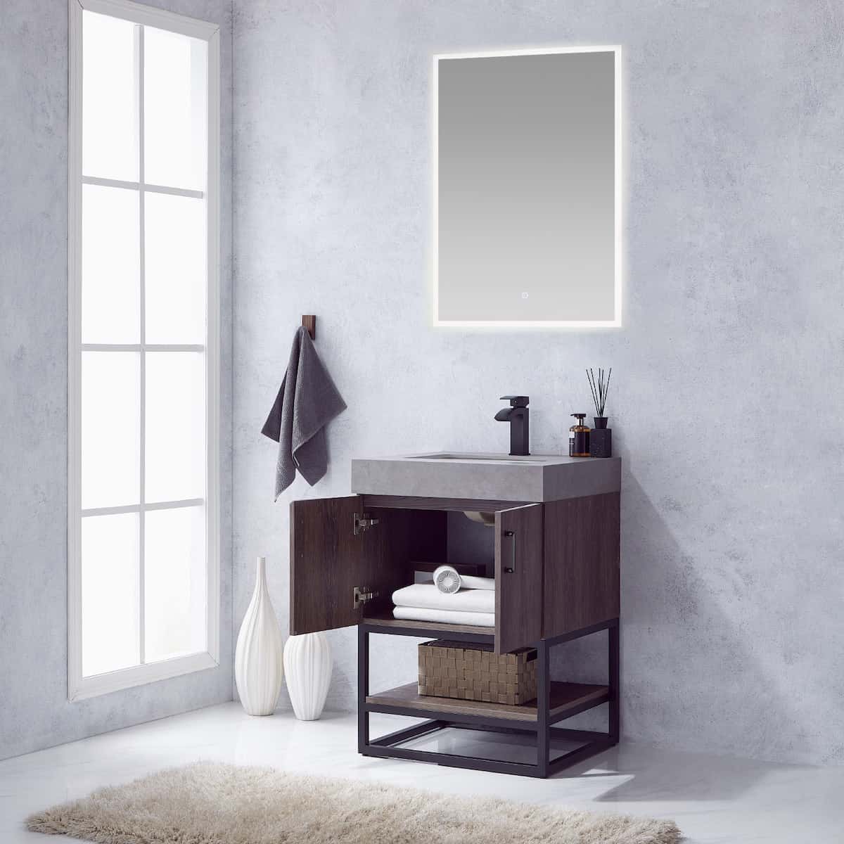 Vinnova Alistair 24 Inch Freestanding Single Vanity in North Carolina Oak and Matte Black Frame with  Grey Sintered Stone Top with Mirror Inside 789024B-NC-WK