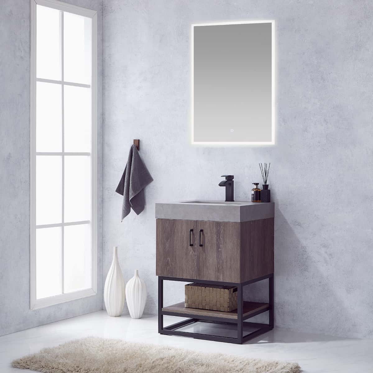 Vinnova Alistair 24 Inch Freestanding Single Vanity in North Carolina Oak and Matte Black Frame with  Grey Sintered Stone Top with Mirror Side 789024B-NC-WK
