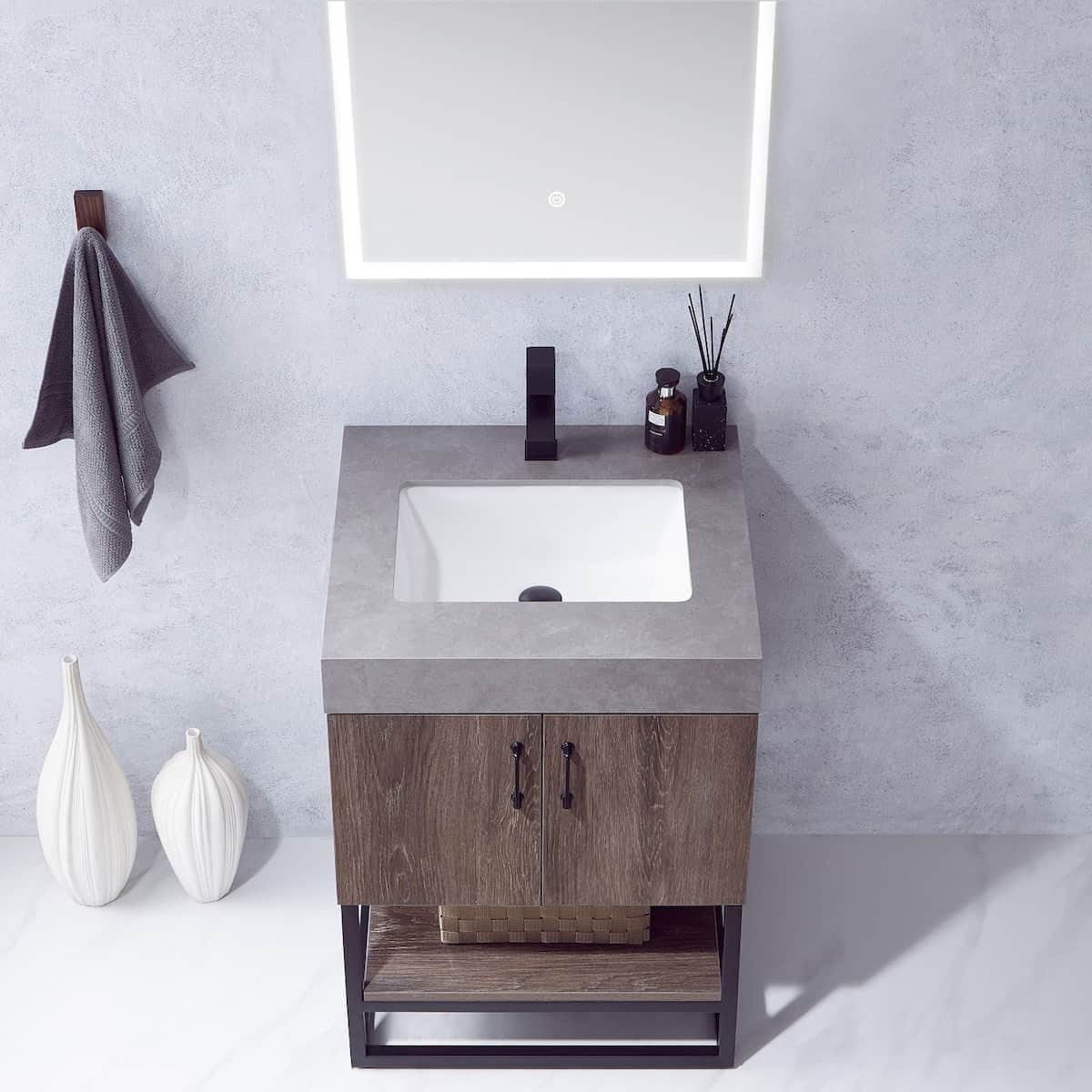 Vinnova Alistair 24 Inch Freestanding Single Vanity in North Carolina Oak and Matte Black Frame with  Grey Sintered Stone Top with Mirror Sink 789024B-NC-WK