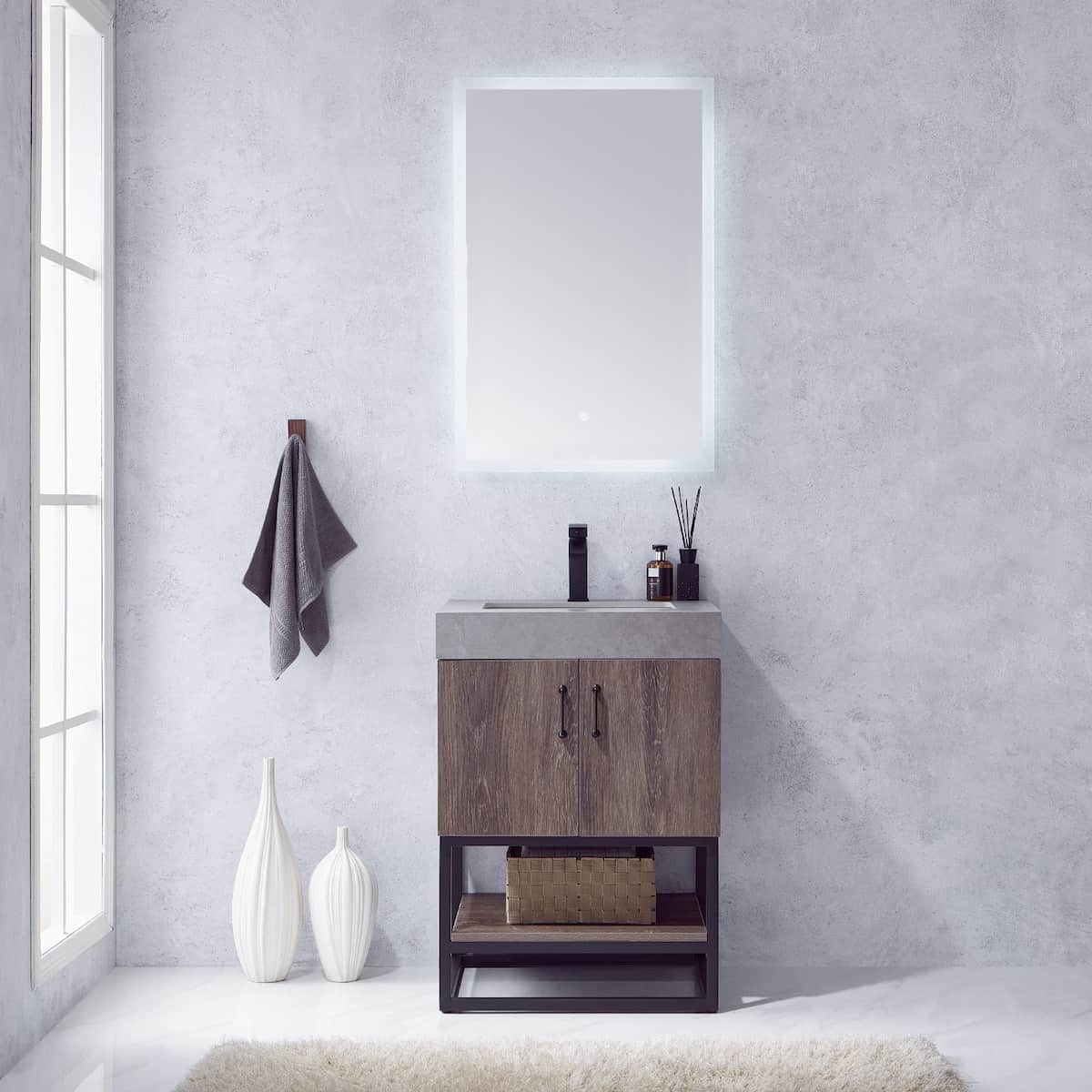 Vinnova Alistair 24 Inch Freestanding Single Vanity in North Carolina Oak and Matte Black Frame with  Grey Sintered Stone Top with Mirror in Bathroom 789024B-NC-WK