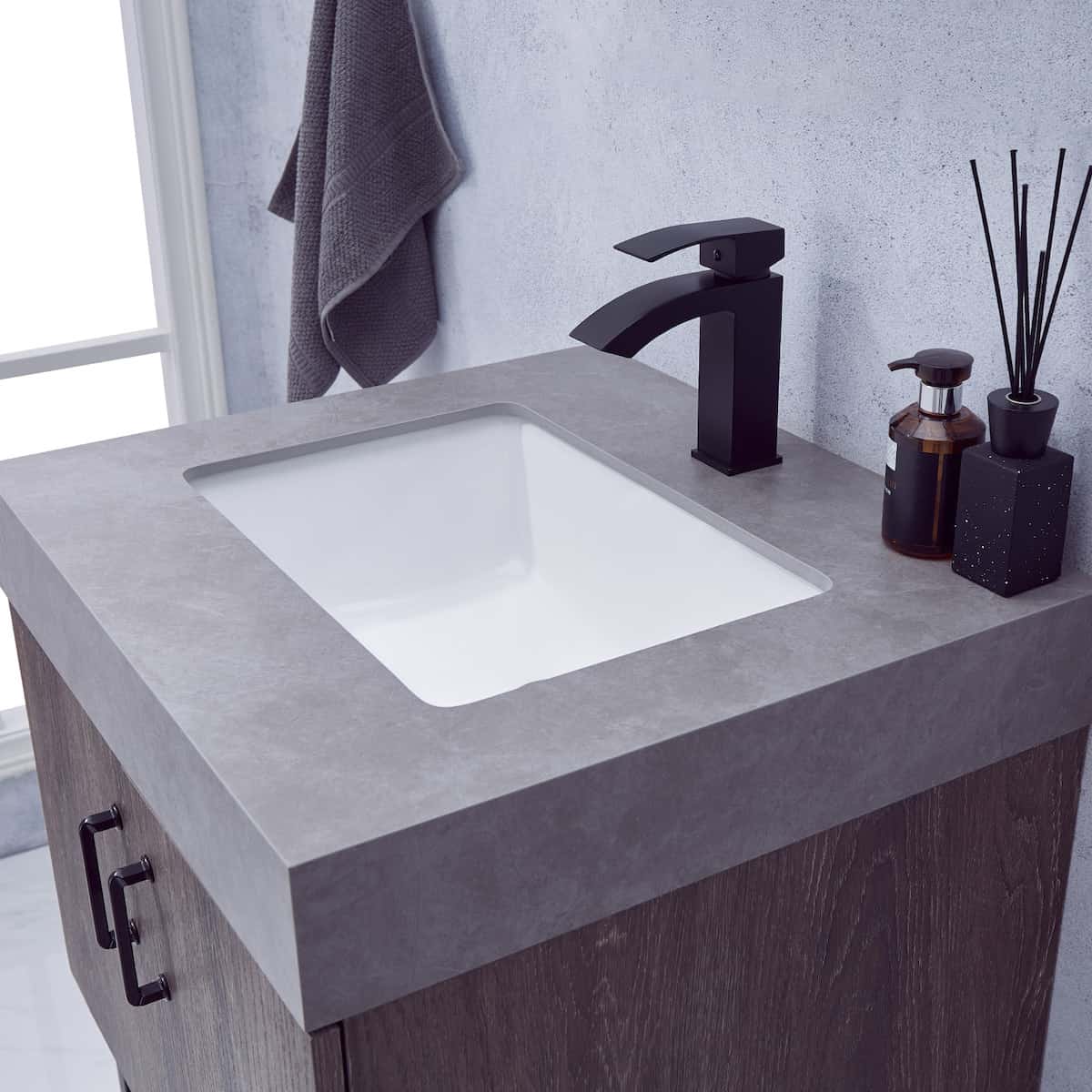 Vinnova Alistair 24 Inch Freestanding Single Vanity in North Carolina Oak and Matte Black Frame with  Grey Sintered Stone Top without Mirror Counter 789024B-NC-WK-NM