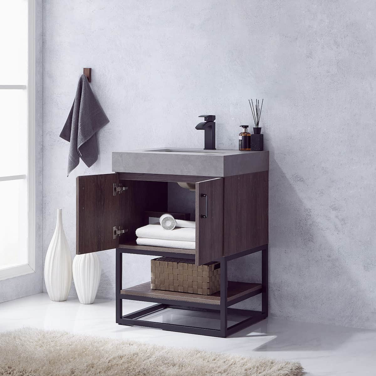 Vinnova Alistair 24 Inch Freestanding Single Vanity in North Carolina Oak and Matte Black Frame with  Grey Sintered Stone Top without Mirror Inside 789024B-NC-WK-NM