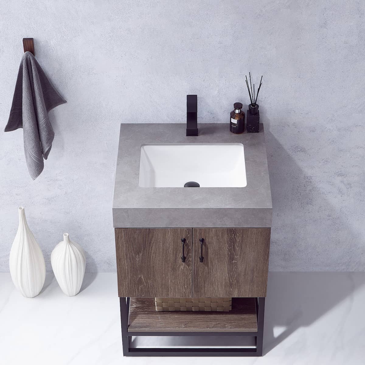 Vinnova Alistair 24 Inch Freestanding Single Vanity in North Carolina Oak and Matte Black Frame with  Grey Sintered Stone Top without Mirror Sink 789024B-NC-WK-NM
