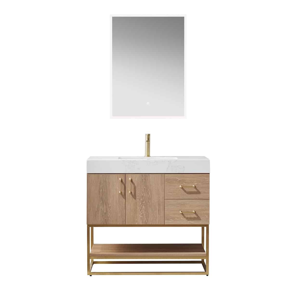 Vinnova Alistair 36 Inch Freestanding Single Vanity in North American Oak and Brushed Gold Frame with White Grain Stone Countertop With Mirror 789036-NO-GW