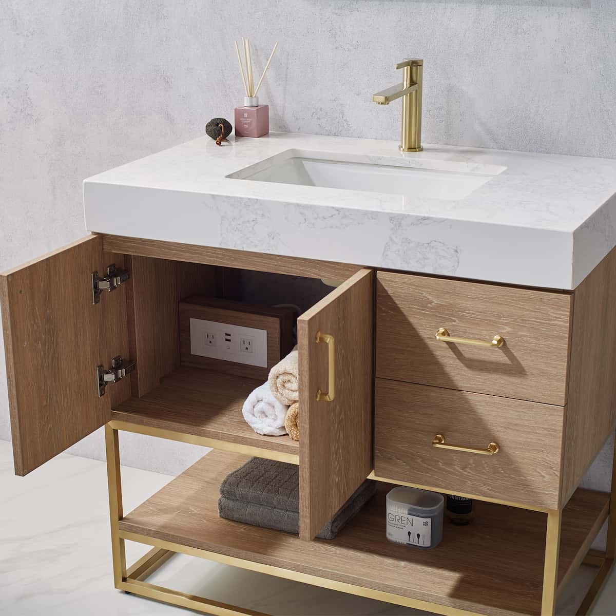 Vinnova Alistair 36 Inch Freestanding Single Vanity in North American Oak and Brushed Gold Frame with White Grain Stone Countertop With Mirror Soft Doors 789036-NO-GW