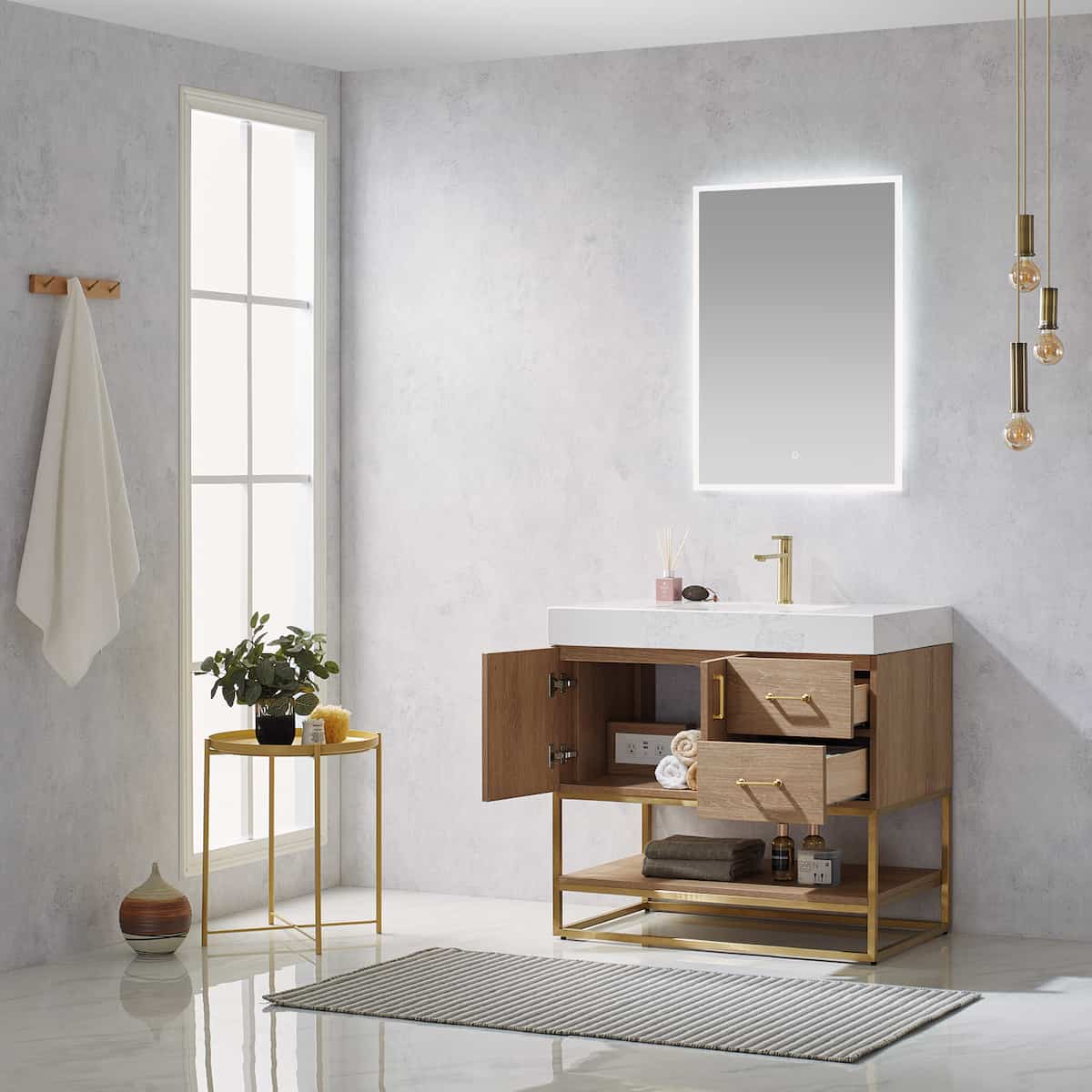 Vinnova Alistair 36 Inch Freestanding Single Vanity in North American Oak and Brushed Gold Frame with White Grain Stone Countertop With Mirror Inside 789036-NO-GW