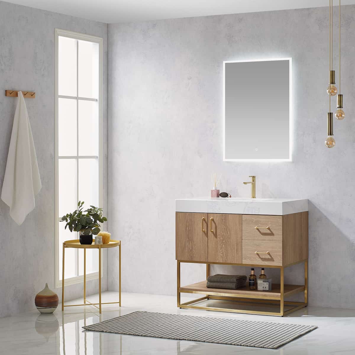 Vinnova Alistair 36 Inch Freestanding Single Vanity in North American Oak and Brushed Gold Frame with White Grain Stone Countertop With Mirror Side 789036-NO-GW