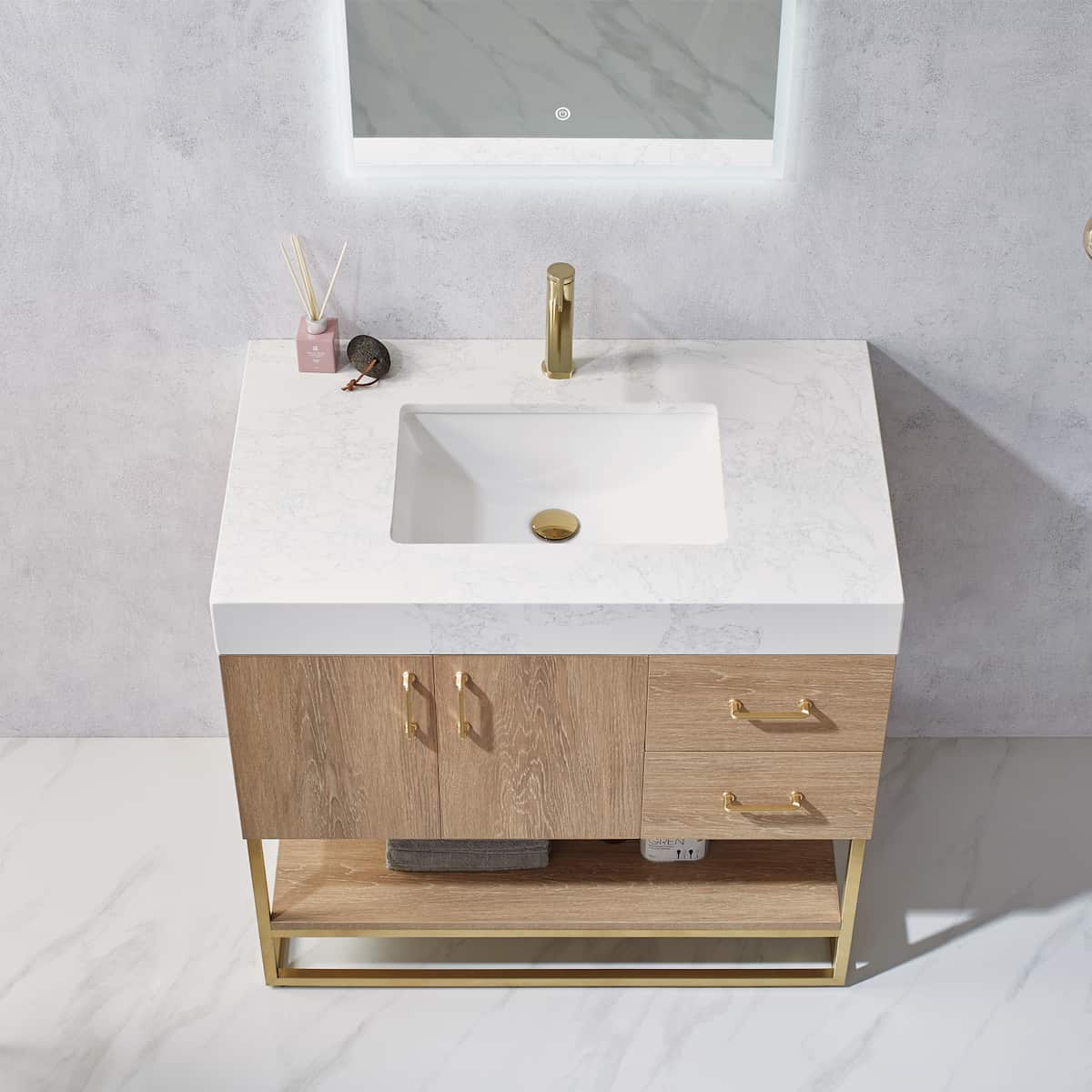 Vinnova Alistair 36 Inch Freestanding Single Vanity in North American Oak and Brushed Gold Frame with White Grain Stone Countertop With Mirror Sink 789036-NO-GW