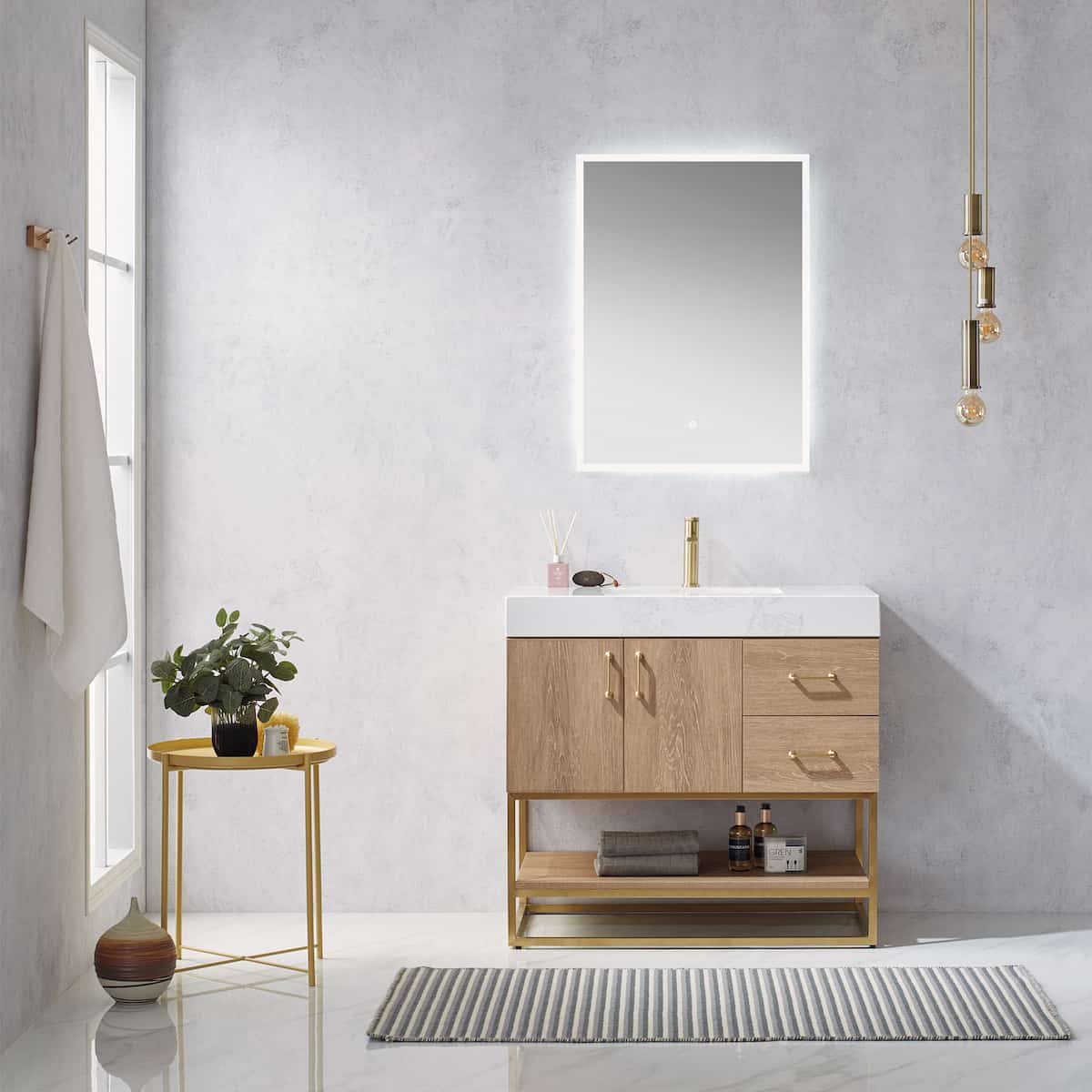 Vinnova Alistair 36 Inch Freestanding Single Vanity in North American Oak and Brushed Gold Frame with White Grain Stone Countertop With Mirror in Bathroom 789036-NO-GW
