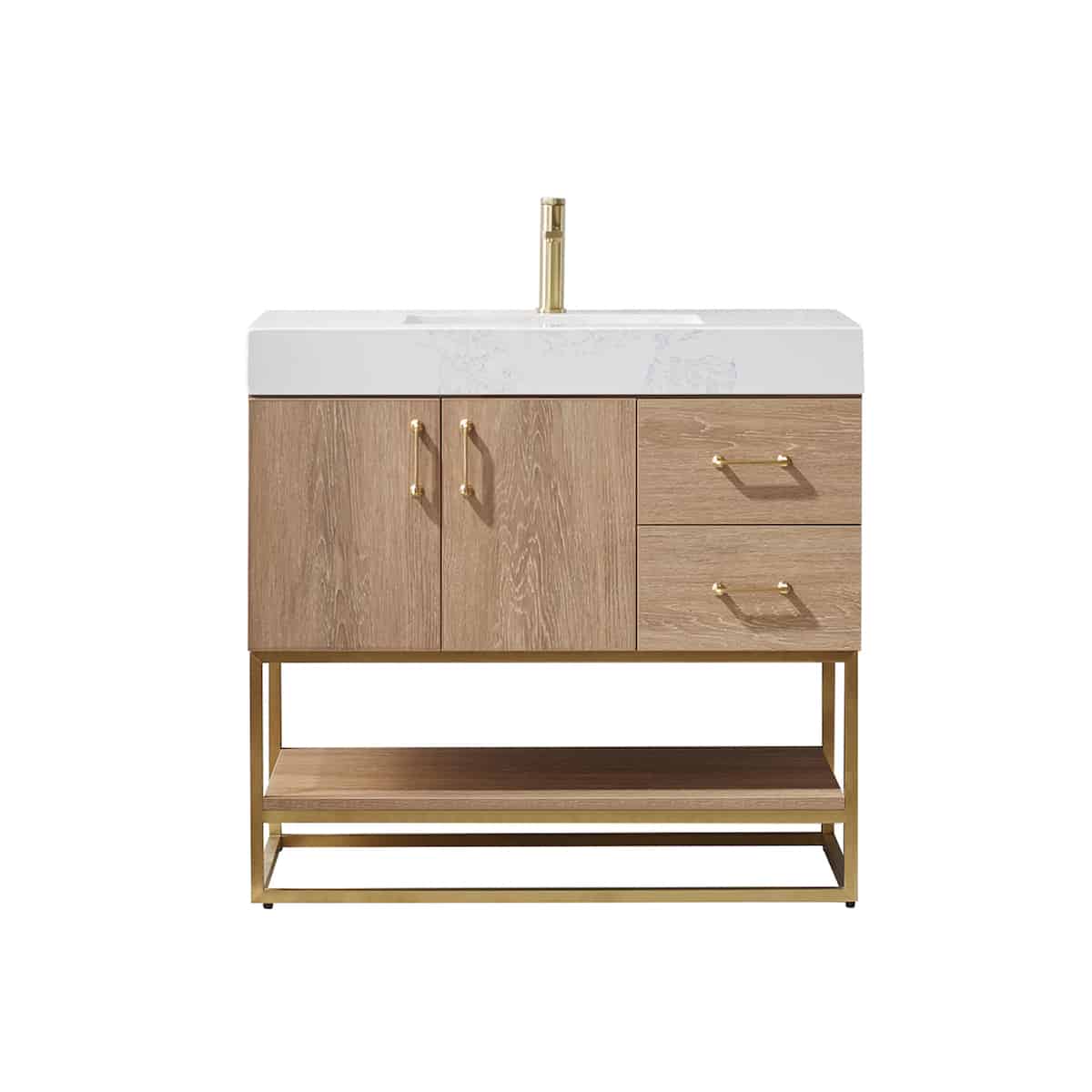 Vinnova Alistair 36 Inch Freestanding Single Vanity in North American Oak and Brushed Gold Frame with White Grain Stone Countertop Without Mirror 789036-NO-GW-NM