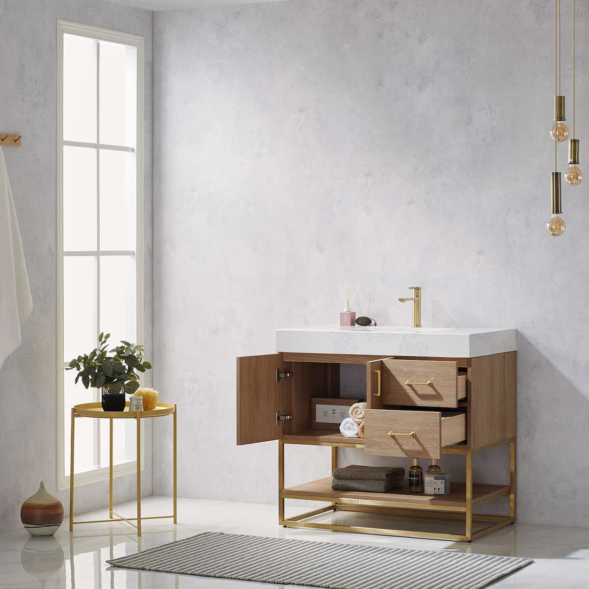 Vinnova Alistair 36 Inch Freestanding Single Vanity in North American Oak and Brushed Gold Frame with White Grain Stone Countertop Without Mirror Inside 789036-NO-GW-NM