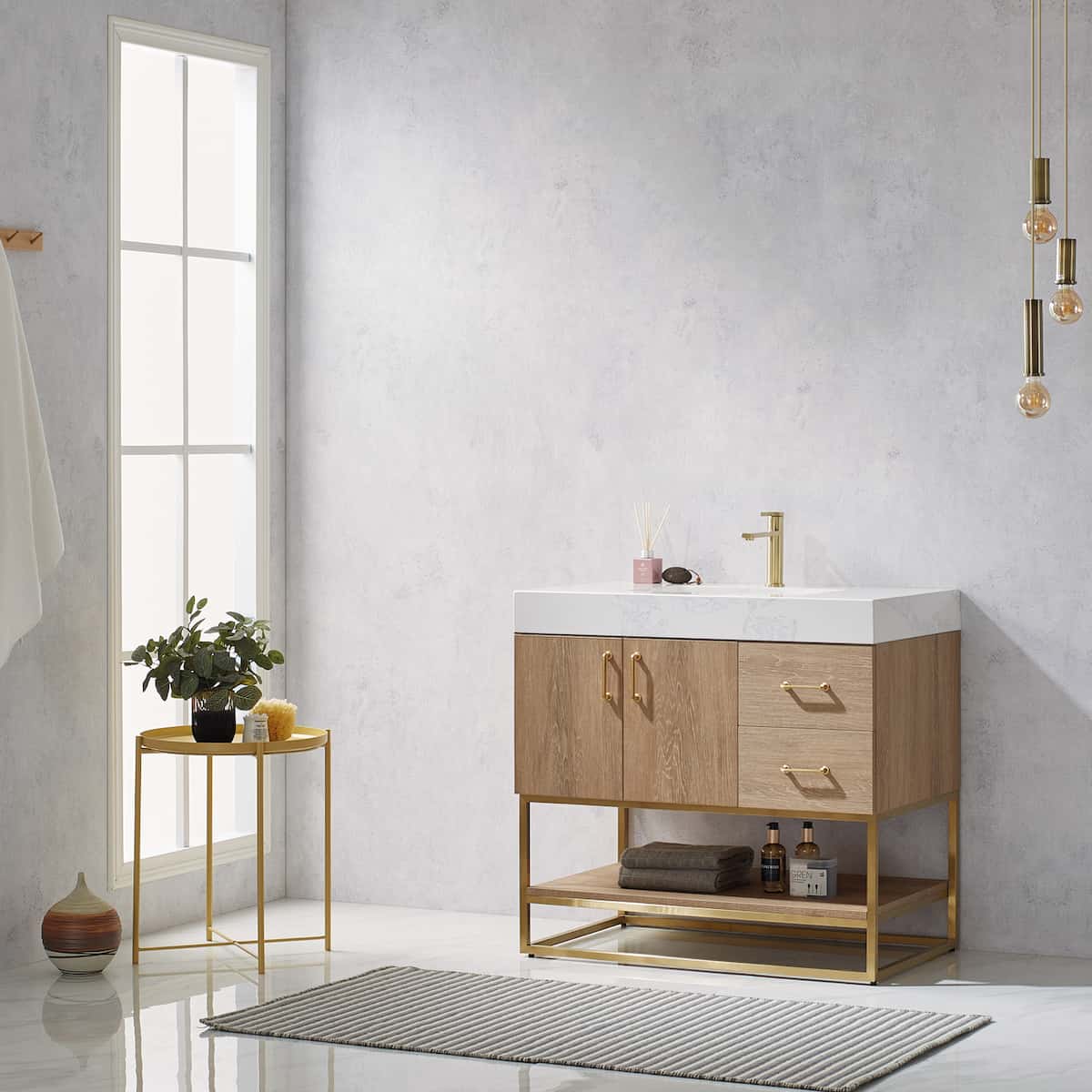 Vinnova Alistair 36 Inch Freestanding Single Vanity in North American Oak and Brushed Gold Frame with White Grain Stone Countertop Without Mirror Side 789036-NO-GW-NM
