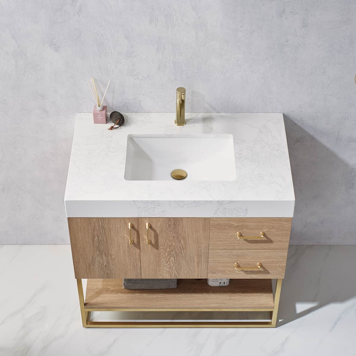 Vinnova Alistair 36 Inch Freestanding Single Vanity in North American Oak and Brushed Gold Frame with White Grain Stone Countertop Without Mirror Sink 789036-NO-GW-NM