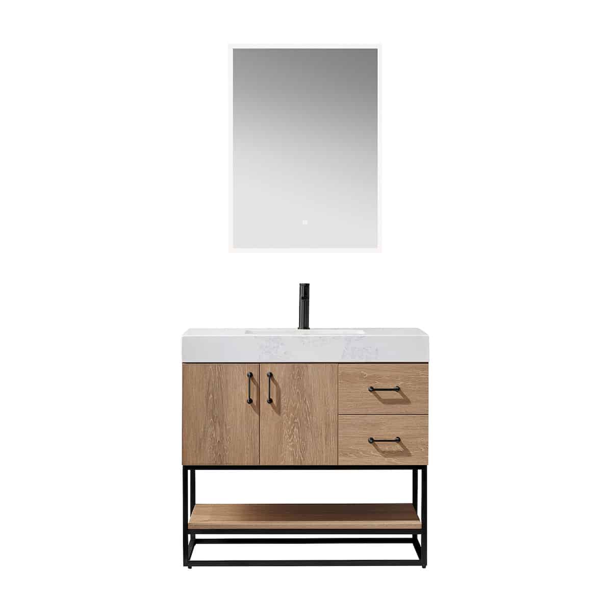 Vinnova Alistair 36 Inch Freestanding Single Vanity in North American Oak and Matte Black Frame with White Grain Stone Countertop With Mirror 789036B-NO-GW