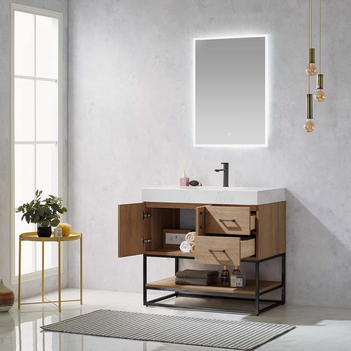 Vinnova Alistair 36 Inch Freestanding Single Vanity in North American Oak and Matte Black Frame with White Grain Stone Countertop With Mirror Inside 789036B-NO-GW