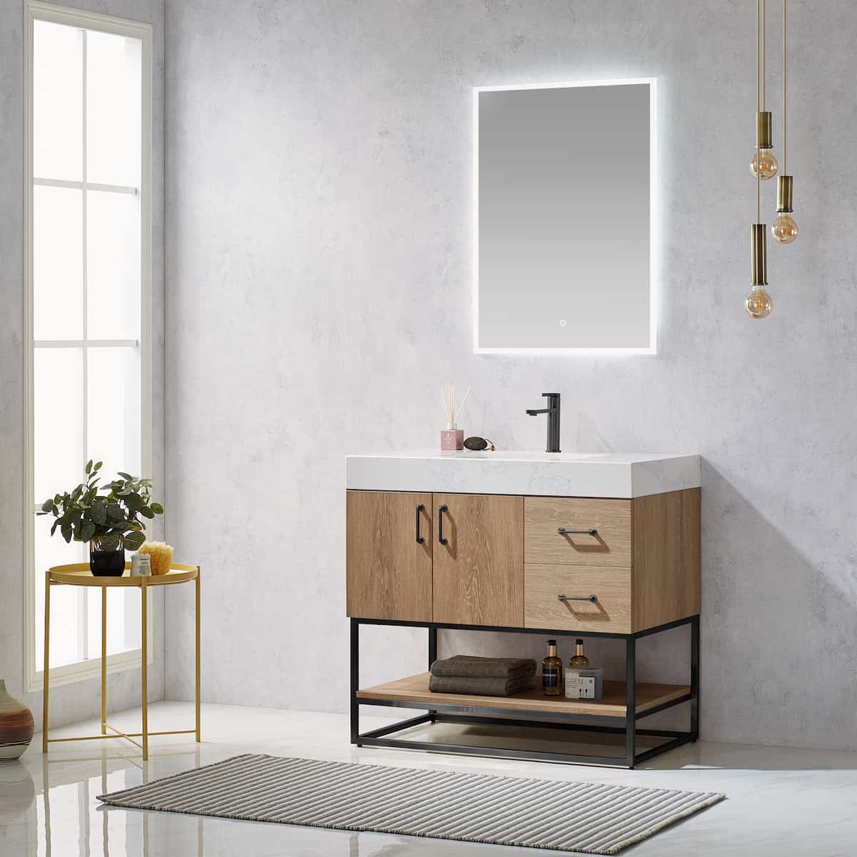 Vinnova Alistair 36 Inch Freestanding Single Vanity in North American Oak and Matte Black Frame with White Grain Stone Countertop With Mirror Side 789036B-NO-GW