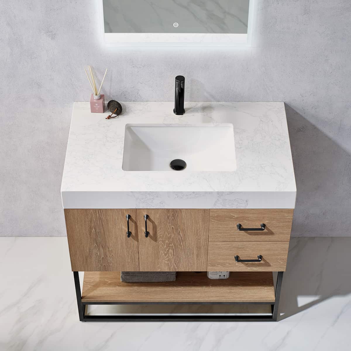 Vinnova Alistair 36 Inch Freestanding Single Vanity in North American Oak and Matte Black Frame with White Grain Stone Countertop With Mirror Sink 789036B-NO-GW