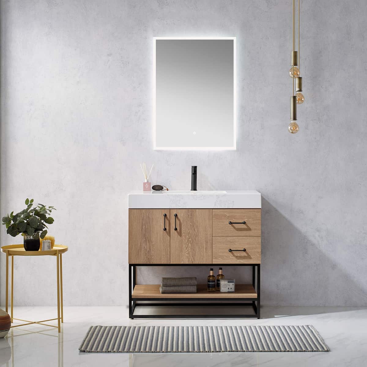 Vinnova Alistair 36 Inch Freestanding Single Vanity in North American Oak and Matte Black Frame with White Grain Stone Countertop With Mirror in Bathroom 789036B-NO-GW