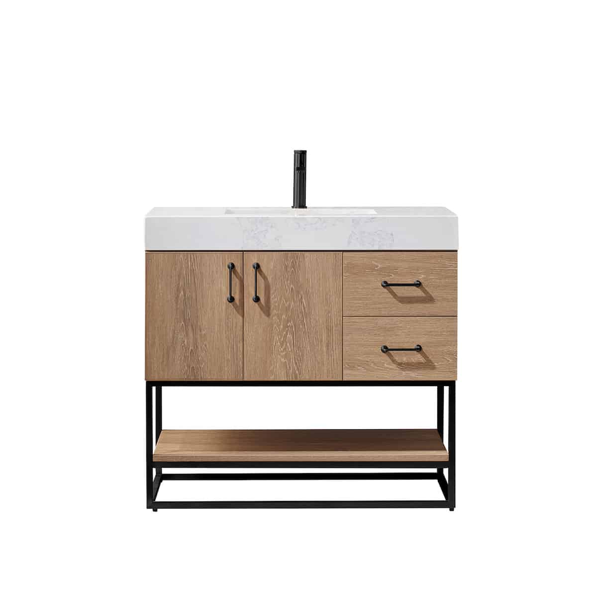 Vinnova Alistair 36 Inch Freestanding Single Vanity in North American Oak and Matte Black Frame with White Grain Stone Countertop Without Mirror 789036B-NO-GW-NM