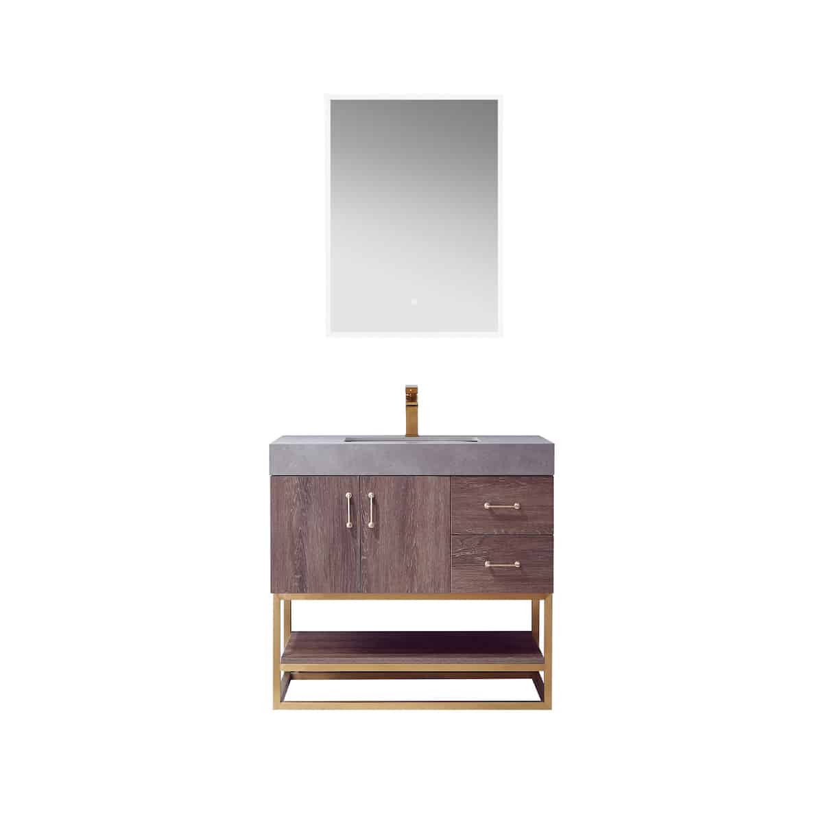 Vinnova Alistair 36 Inch Freestanding Single Vanity in North Carolina Oak and Brushed Gold Frame with  Grey Sintered Stone Top with Mirror 789036-NC-WK
