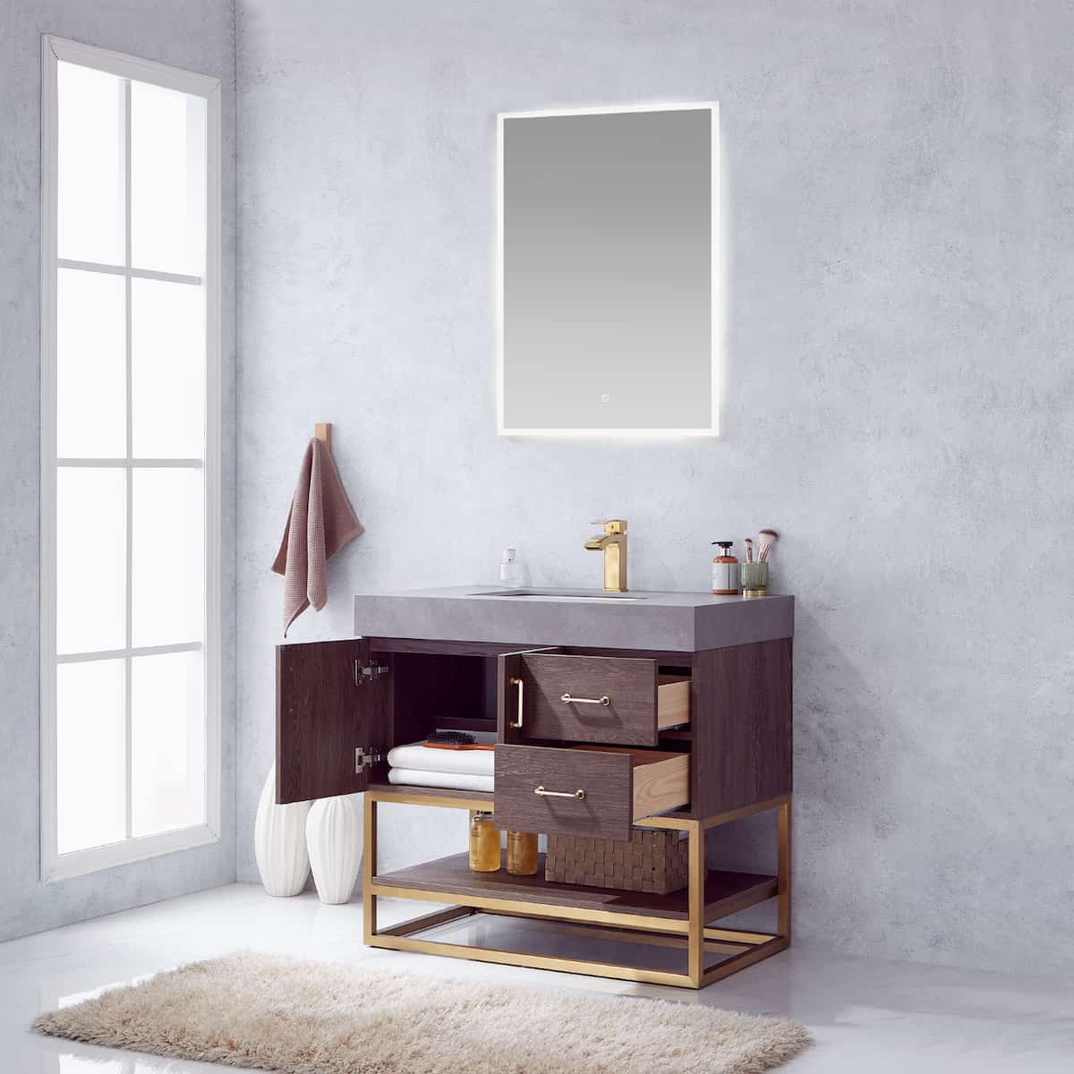 Vinnova Alistair 36 Inch Freestanding Single Vanity in North Carolina Oak and Brushed Gold Frame with  Grey Sintered Stone Top with Mirror Inside 789036-NC-WK