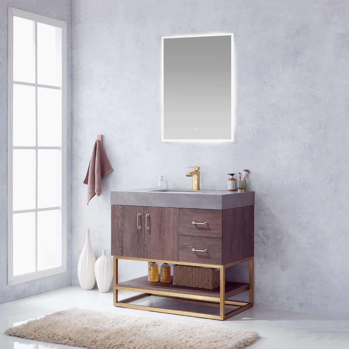 Vinnova Alistair 36 Inch Freestanding Single Vanity in North Carolina Oak and Brushed Gold Frame with  Grey Sintered Stone Top with Mirror Side 789036-NC-WK