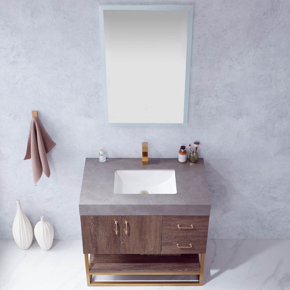 Vinnova Alistair 36 Inch Freestanding Single Vanity in North Carolina Oak and Brushed Gold Frame with  Grey Sintered Stone Top with Mirror Sink 789036-NC-WK