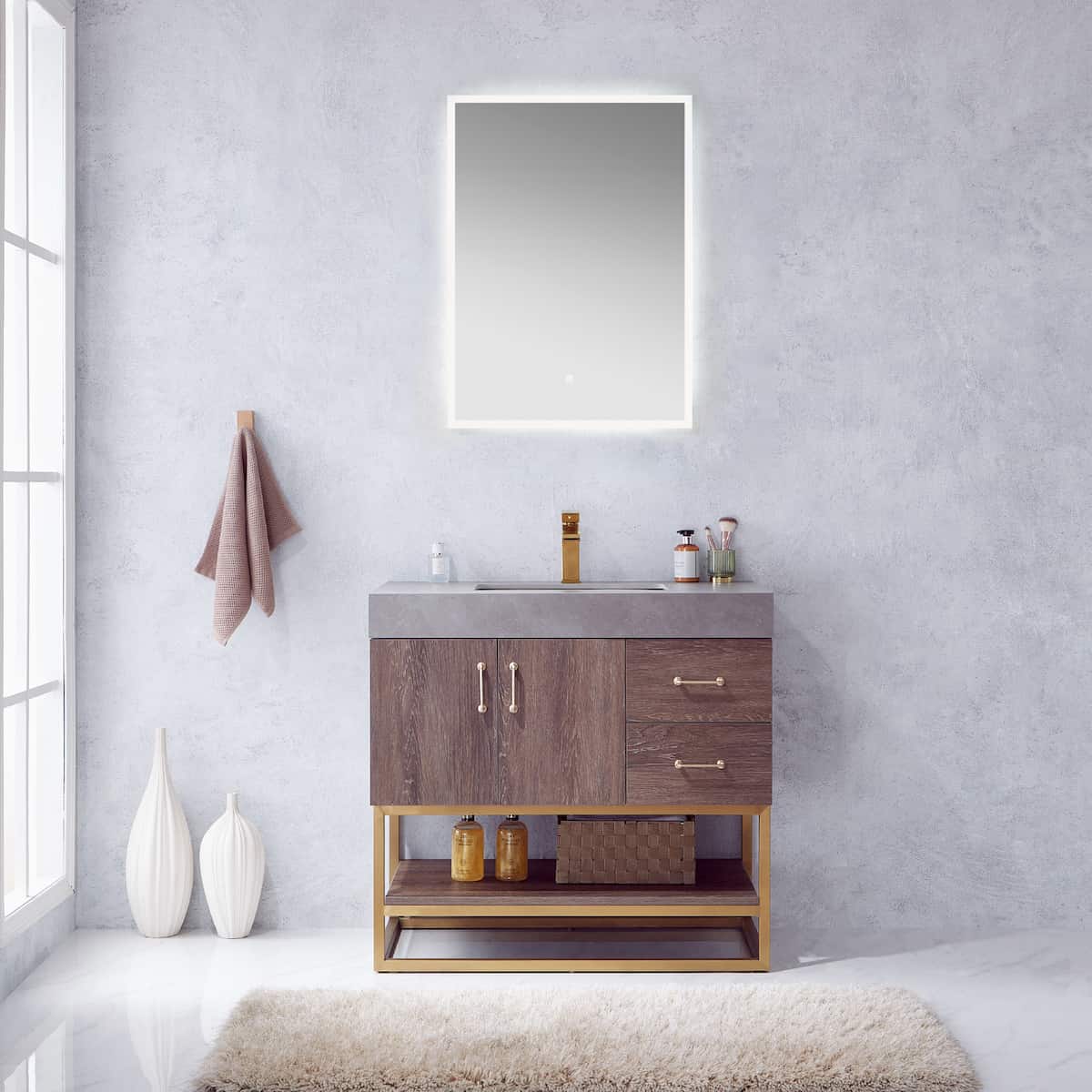 Vinnova Alistair 36 Inch Freestanding Single Vanity in North Carolina Oak and Brushed Gold Frame with  Grey Sintered Stone Top with Mirror in Bathroom 789036-NC-WK