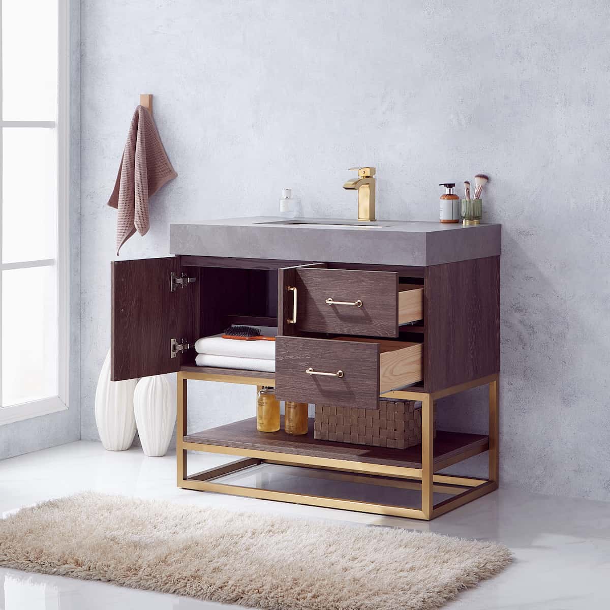 Vinnova Alistair 36 Inch Freestanding Single Vanity in North Carolina Oak and Brushed Gold Frame with  Grey Sintered Stone Top without Mirror Inside 789036-NC-WK-NM