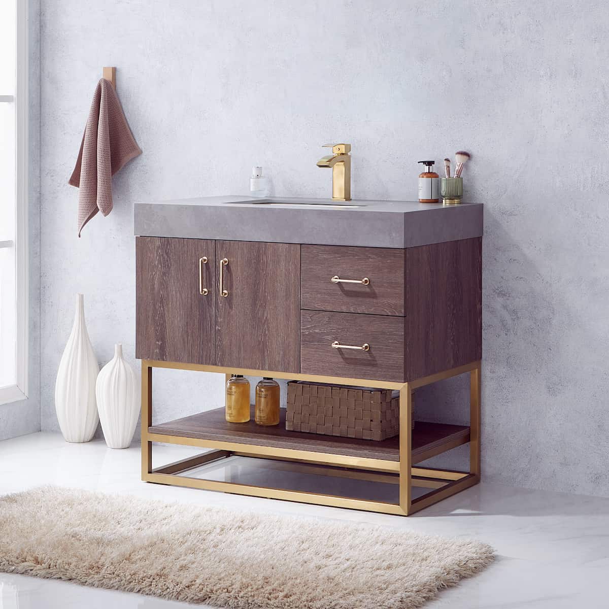 Vinnova Alistair 36 Inch Freestanding Single Vanity in North Carolina Oak and Brushed Gold Frame with  Grey Sintered Stone Top without Mirror Side 789036-NC-WK-NM