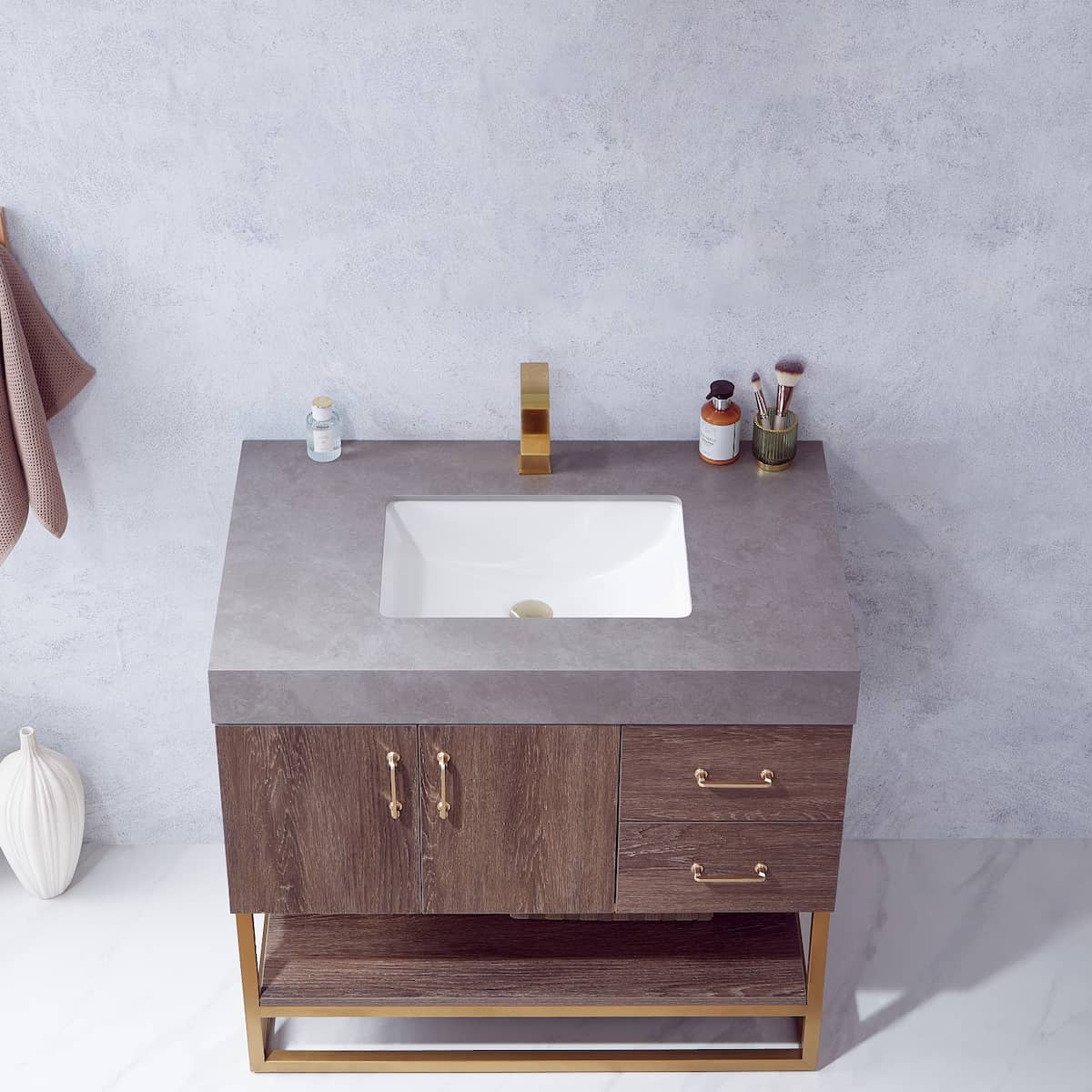 Vinnova Alistair 36 Inch Freestanding Single Vanity in North Carolina Oak and Brushed Gold Frame with  Grey Sintered Stone Top without Mirror Sink 789036-NC-WK-NM