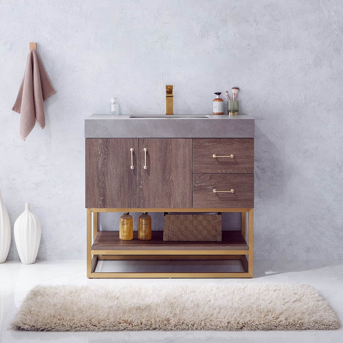 Vinnova Alistair 36 Inch Freestanding Single Vanity in North Carolina Oak and Brushed Gold Frame with  Grey Sintered Stone Top without Mirror in Bathroom 789036-NC-WK-NM
