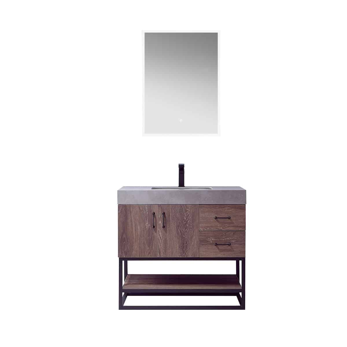 Vinnova Alistair 36 Inch Freestanding Single Vanity in North Carolina Oak and Matte Black Frame with  Grey Sintered Stone Top with Mirror 789036B-NC-WK