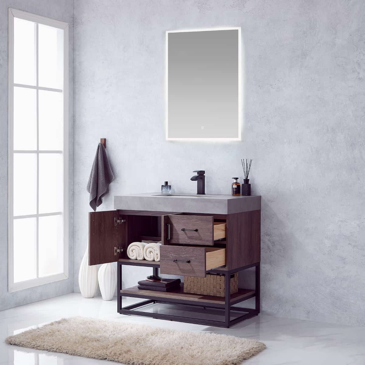 Vinnova Alistair 36 Inch Freestanding Single Vanity in North Carolina Oak and Matte Black Frame with  Grey Sintered Stone Top with Mirror Inside 789036B-NC-WK
