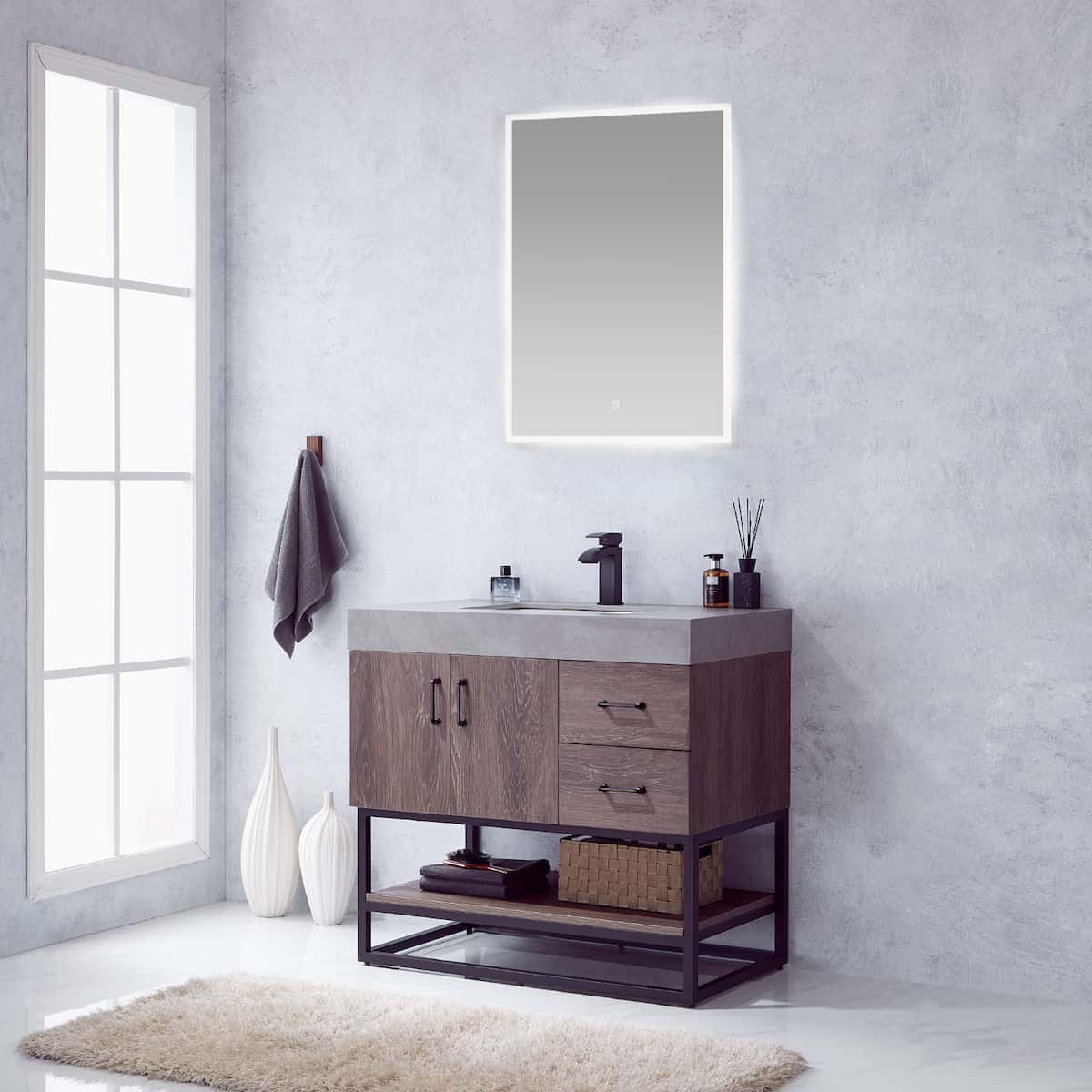 Vinnova Alistair 36 Inch Freestanding Single Vanity in North Carolina Oak and Matte Black Frame with  Grey Sintered Stone Top with Mirror Side 789036B-NC-WK