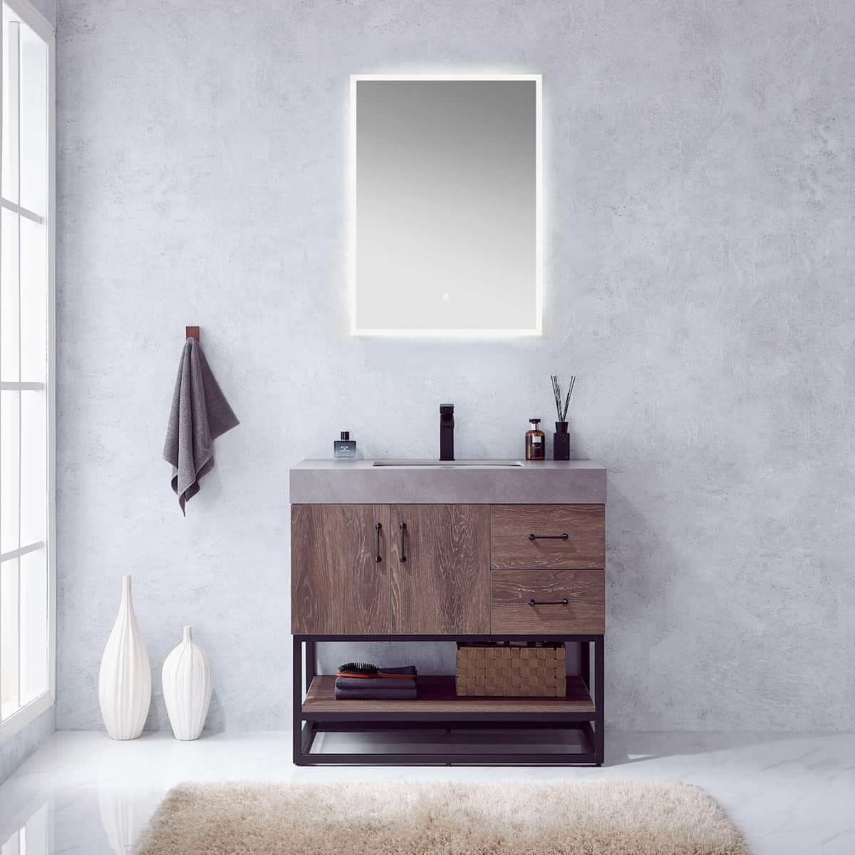 Vinnova Alistair 36 Inch Freestanding Single Vanity in North Carolina Oak and Matte Black Frame with  Grey Sintered Stone Top with Mirror in Bathroom 789036B-NC-WK