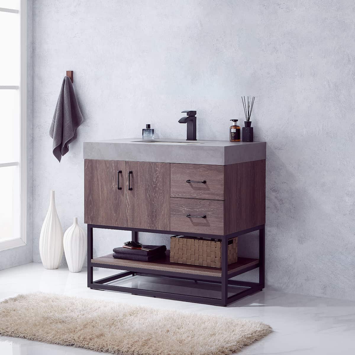 Vinnova Alistair 36 Inch Freestanding Single Vanity in North Carolina Oak and Matte Black Frame with  Grey Sintered Stone Top without Mirror Side 789036B-NC-WK-NM