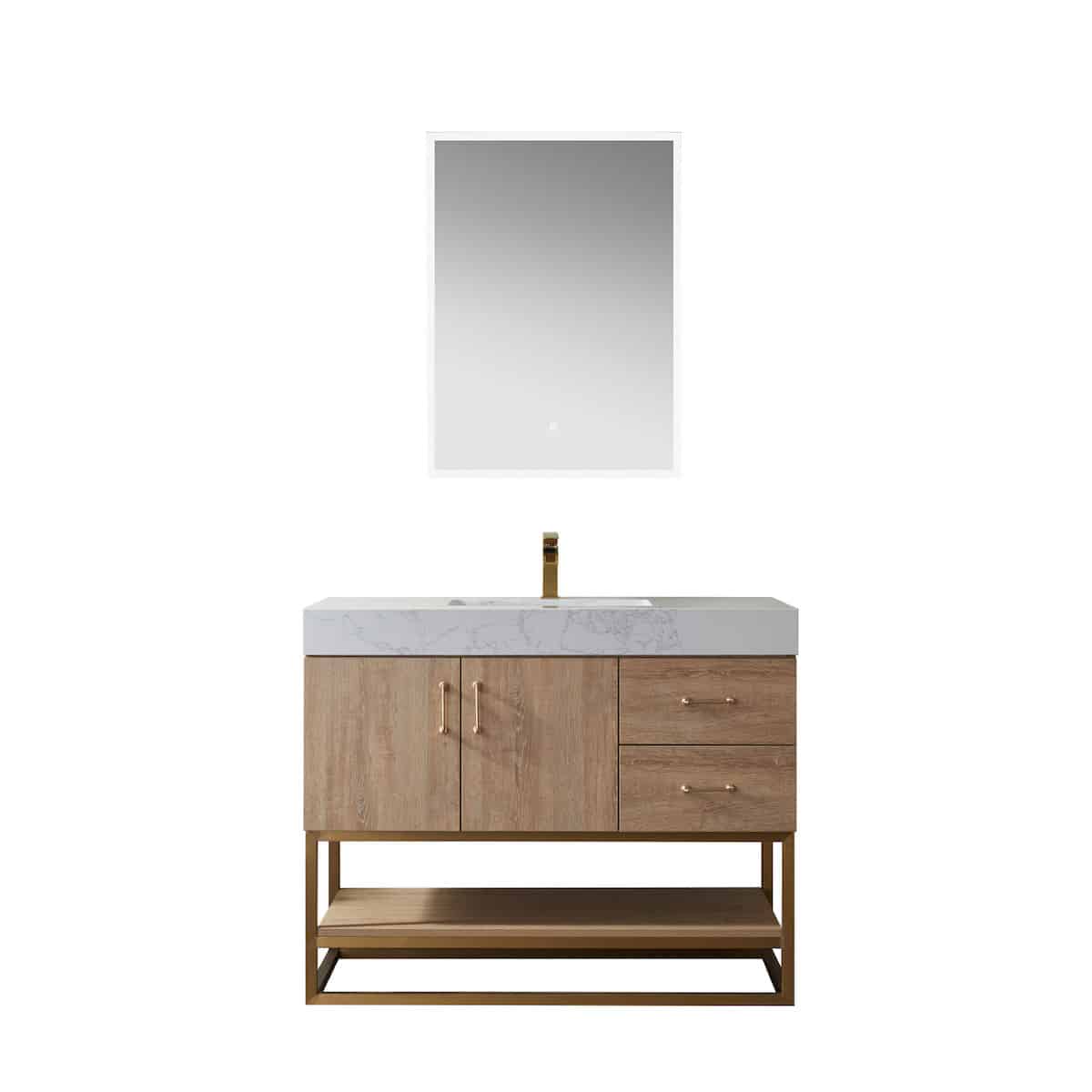 Vinnova Alistair 42 Inch Freestanding Single Vanity in North American Oak and Brushed Gold Frame with White Grain Stone Countertop With Mirror 789042-NO-GW
