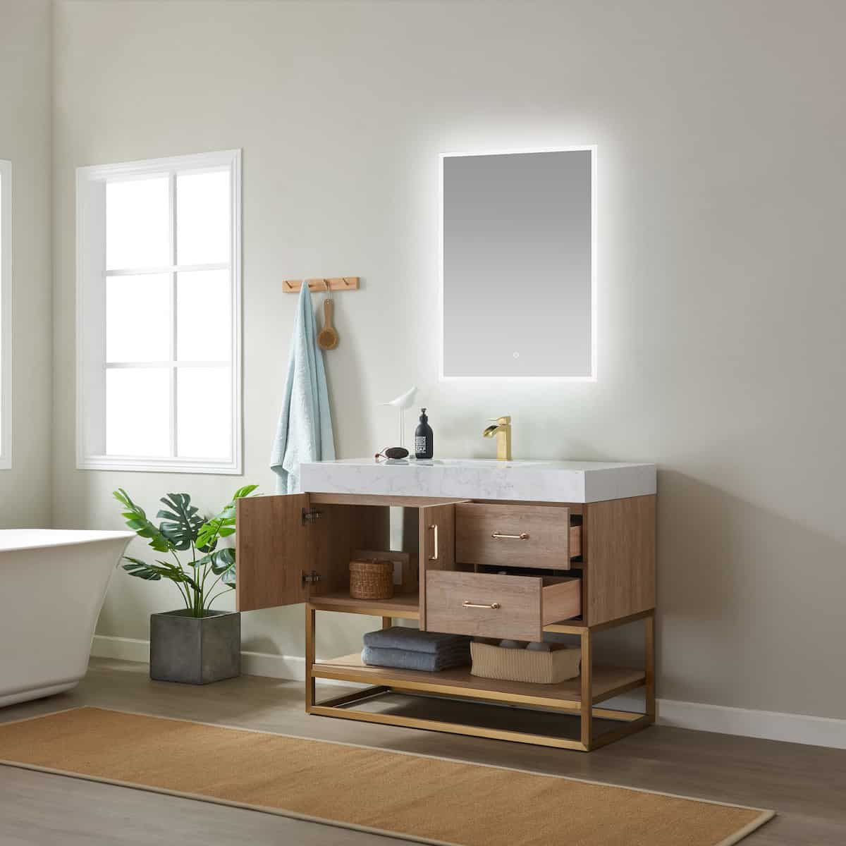 Vinnova Alistair 42 Inch Freestanding Single Vanity in North American Oak and Brushed Gold Frame with White Grain Stone Countertop With Mirror Inside 789042-NO-GW