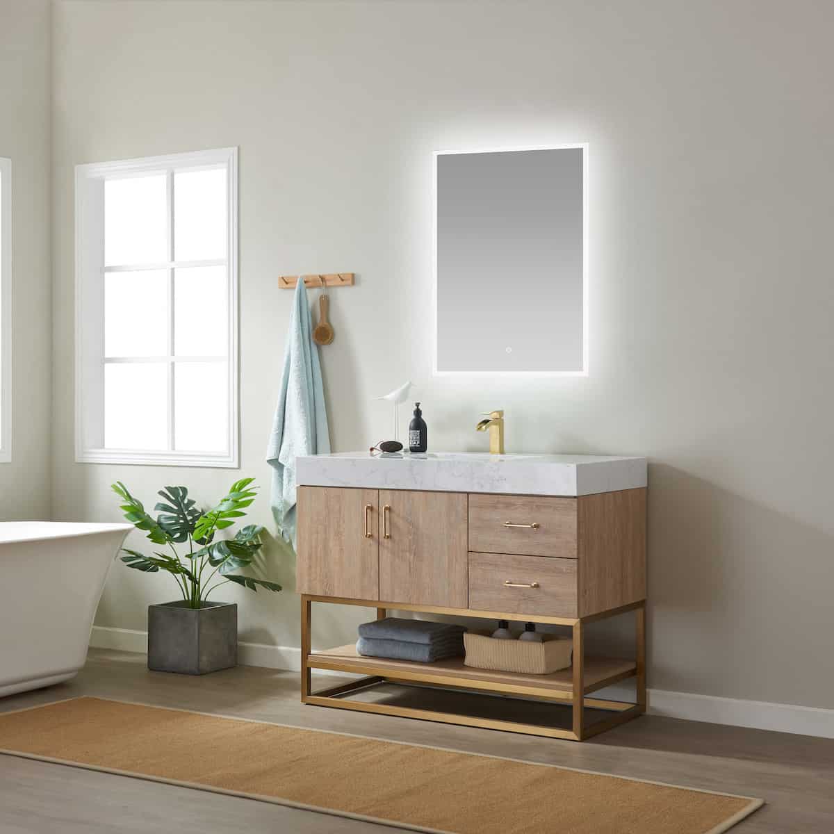 Vinnova Alistair 42 Inch Freestanding Single Vanity in North American Oak and Brushed Gold Frame with White Grain Stone Countertop With Mirror Side 789042-NO-GW