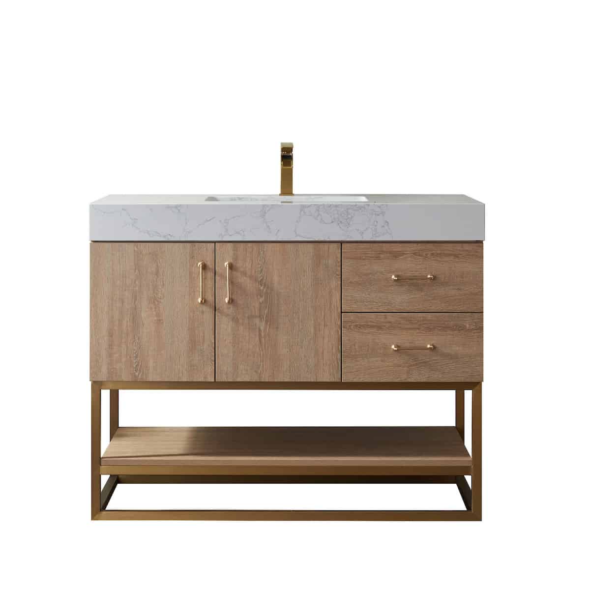 Vinnova Alistair 42 Inch Freestanding Single Vanity in North American Oak and Brushed Gold Frame with White Grain Stone Countertop Without Mirror 789042-NO-GW-NM