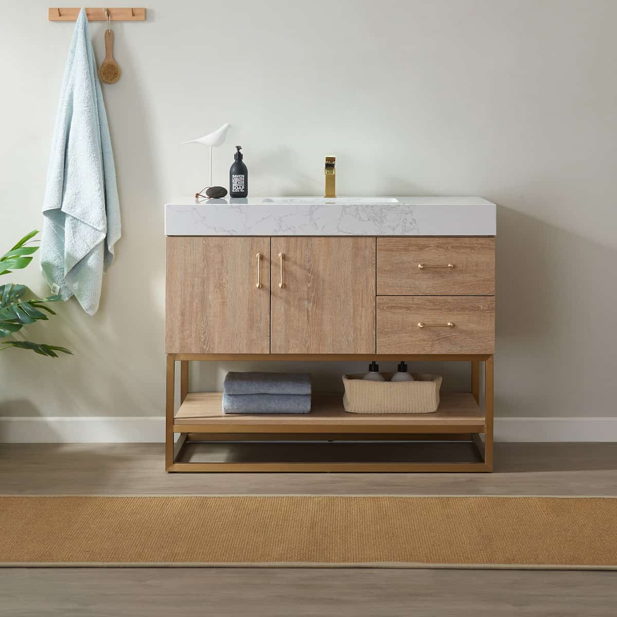 Vinnova Alistair 42 Inch Freestanding Single Vanity in North American Oak and Brushed Gold Frame with White Grain Stone Countertop Without Mirror in Bathroom 789042-NO-GW-NM