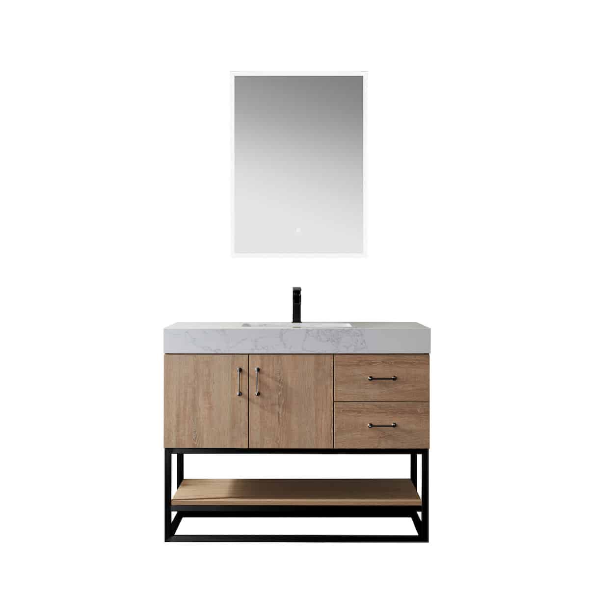 Vinnova Alistair 42 Inch Freestanding Single Vanity in North American Oak and Matte Black Frame with White Grain Stone Countertop With Mirror 789042B-NO-GW