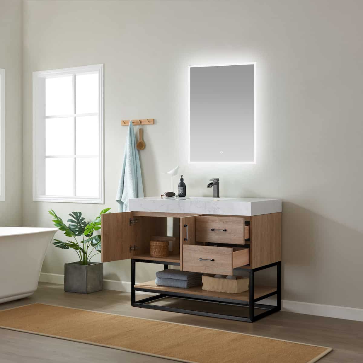Vinnova Alistair 42 Inch Freestanding Single Vanity in North American Oak and Matte Black Frame with White Grain Stone Countertop With Mirror Inside 789042B-NO-GW