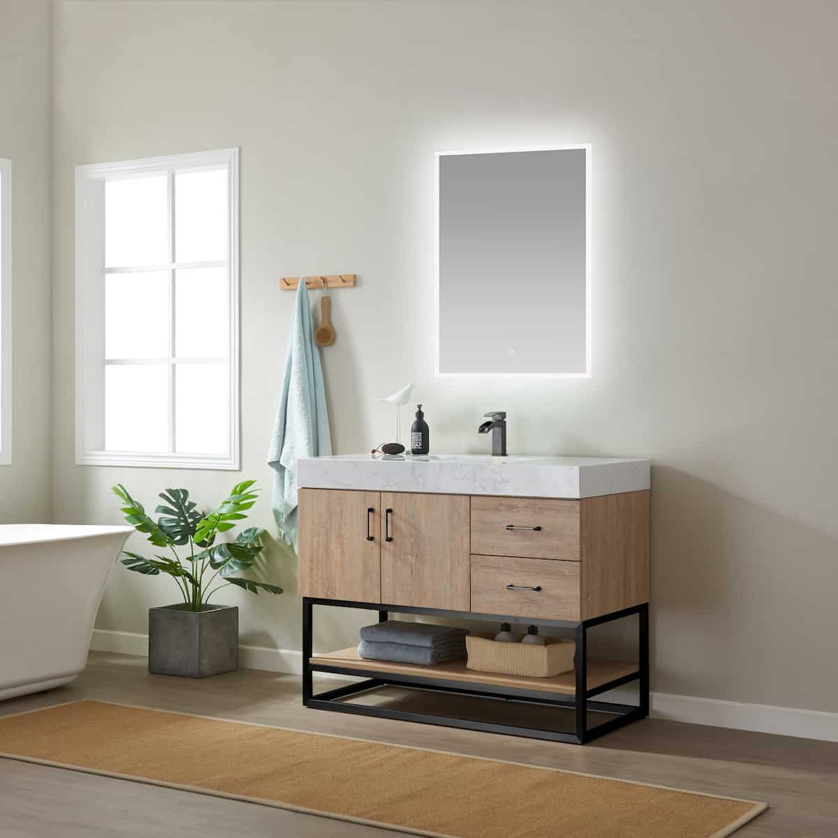 Vinnova Alistair 42 Inch Freestanding Single Vanity in North American Oak and Matte Black Frame with White Grain Stone Countertop With Mirror Side 789042B-NO-GW
