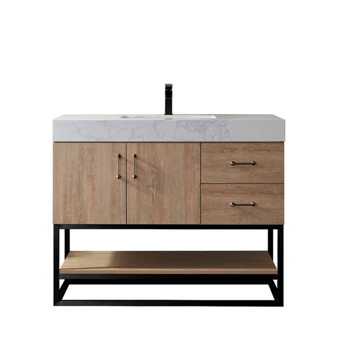 Vinnova Alistair 42 Inch Freestanding Single Vanity in North American Oak and Matte Black Frame with White Grain Stone Countertop Without Mirror 789042B-NO-GW-NM