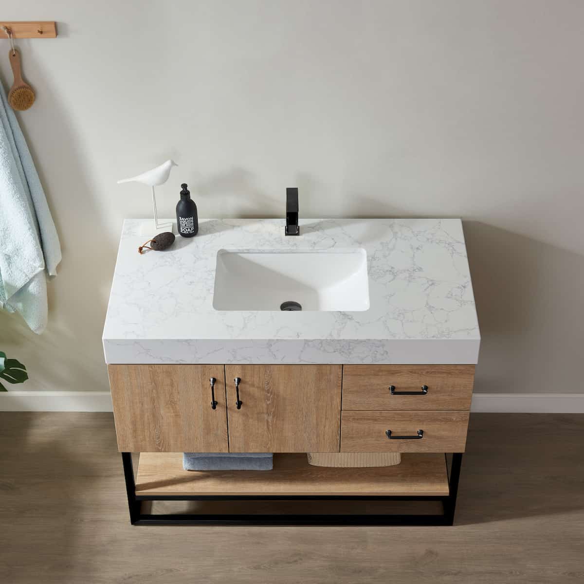 Vinnova Alistair 42 Inch Freestanding Single Vanity in North American Oak and Matte Black Frame with White Grain Stone Countertop Without Mirror Sink 789042B-NO-GW-NM
