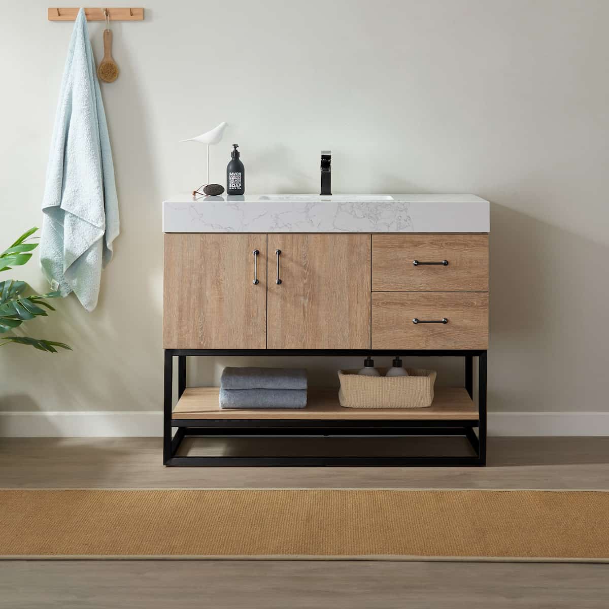 Vinnova Alistair 42 Inch Freestanding Single Vanity in North American Oak and Matte Black Frame with White Grain Stone Countertop Without Mirror in Bathroom 789042B-NO-GW-NM